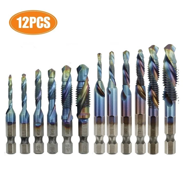 Vite Filo Blu Rubinetto Drill-Bits Set 12 M3-M10 Composito Esagonale Gambo HSS