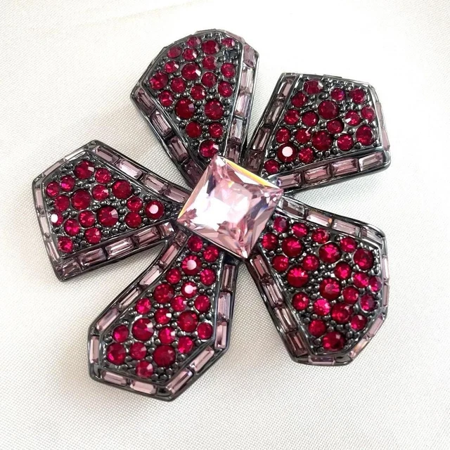 Grande Broche Vintage Fleur Or Et Cristaux, Bijou Fantaisie Femme, Très Bon état