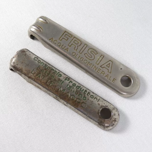 2 Apribottiglie Cavatappi Pubblicitari Metallo Acqua Frisia Latte Milano Vintage