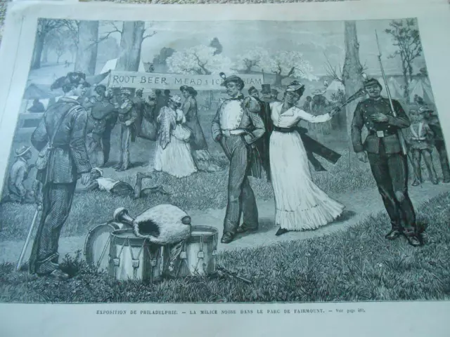 Gravure 1876 - La Milice Noire dans le parc de Fairmount