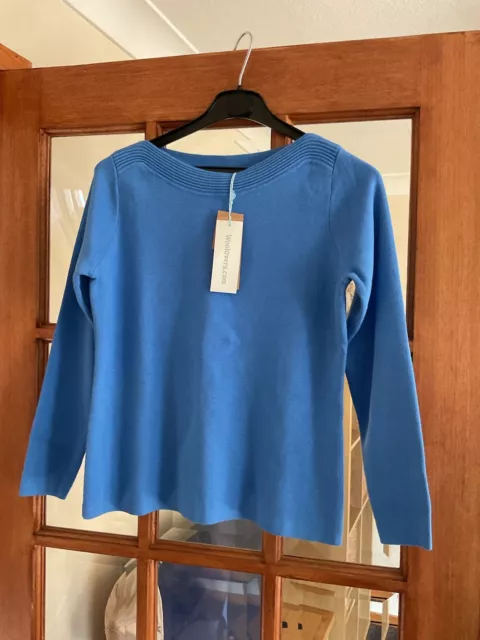 BNWOT  WOOLOVERS Ladies Jumper  M Bright Blue Boat Neck Cashmere & Merino Wool