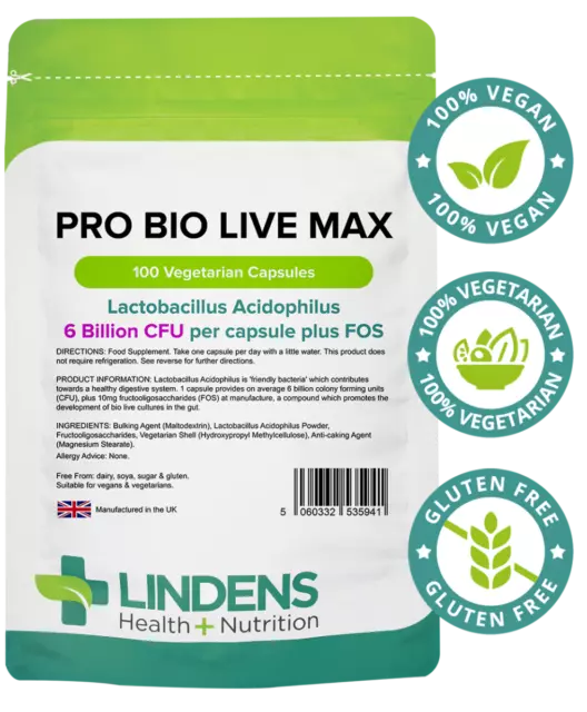 Lindens Haut Force Pro Bio Vivants Max 6BN Végétarien Capsules (100 Paquet)