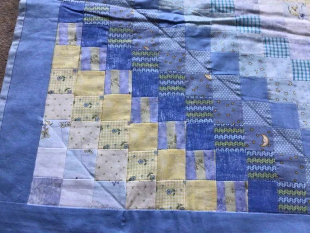 Handmade Baby’s Cot Pram Quilt. Blue Yellow Patchwork.