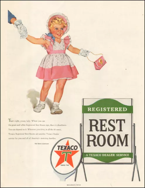 1953 vintage AD TEXACO Registered REST ROOMS Art Cute little girl  122915