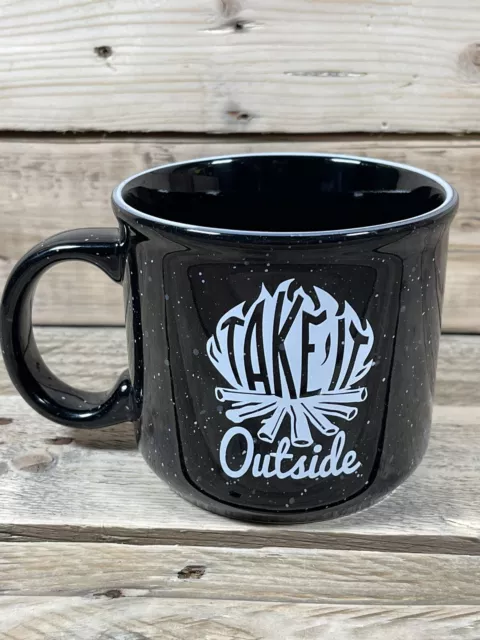 Life Is Good Take It Outside Mug Black White Dots Campfire Logs Large Coffee Cup