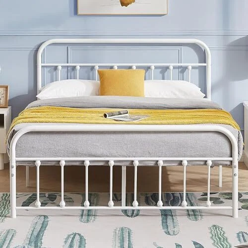 METAL BED FRAME Size with Vintage Headboard and Footboard, No Box Queen