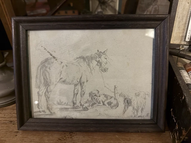 LATE 18TH CENTURY Pencil Sketch Of Dogs Horse In Modern Frame Old ...