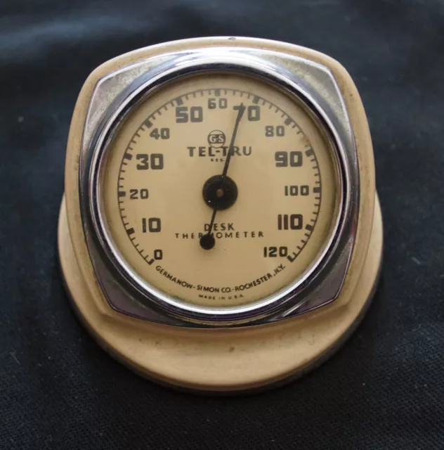 Vintage 1930's Tel-tru Desk Thermometer, USA White G-S Germanon Simon Co. Vintage 1930's Tel-tru Desk Thermometer, USA White G-S Germanon Simon Co.