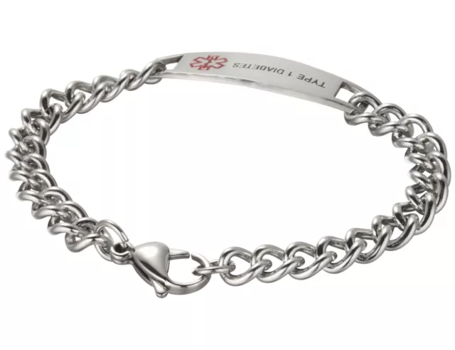 Type 1 Diabetes Stainless Steel Health Bracelet Medical Alert ID Engraved Chain 2