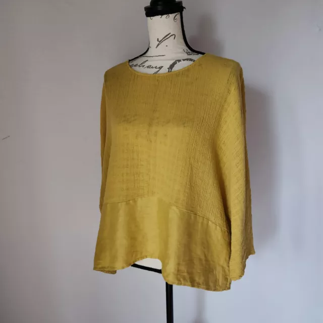 Tahari Crinkle Linen Blend Tunic Boxy Blouse Pullover 3/4 Sleeve Yellow Women XL