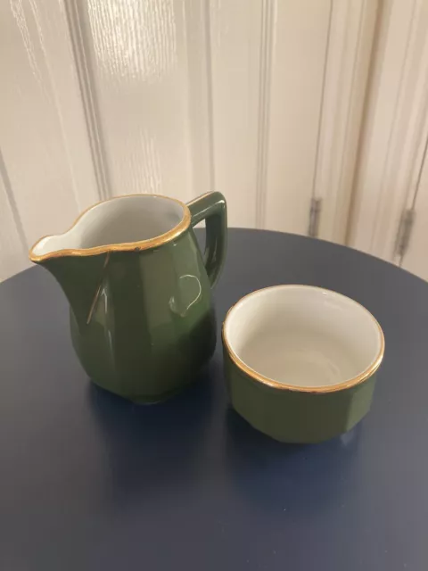 Apilco Gold and Green Creamer Jug and Sugar Bowl - Pre-owned