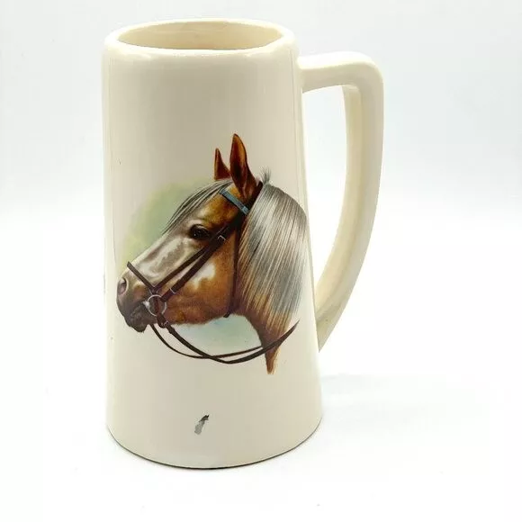 Vintage Horse Equestrian Cream Ceramic Tall Mug Stein Made in USA