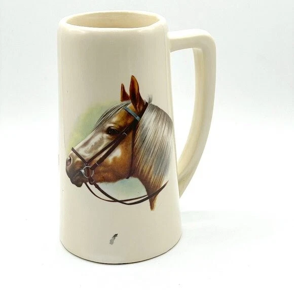 Vintage Horse Equestrian Cream Ceramic Tall Mug Stein Made in USA