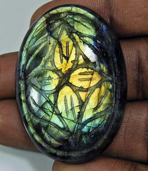 Natural Labradorite Carved Cabochon Oval Loose Designer Gemstone 30X44 MM