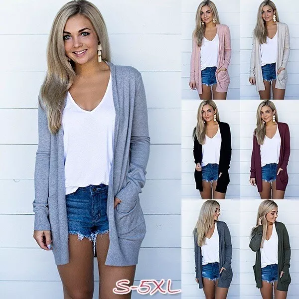 Women's Cardigan Long Sleeve Open Front Draped Knit Sweater Loose Drape Pockets