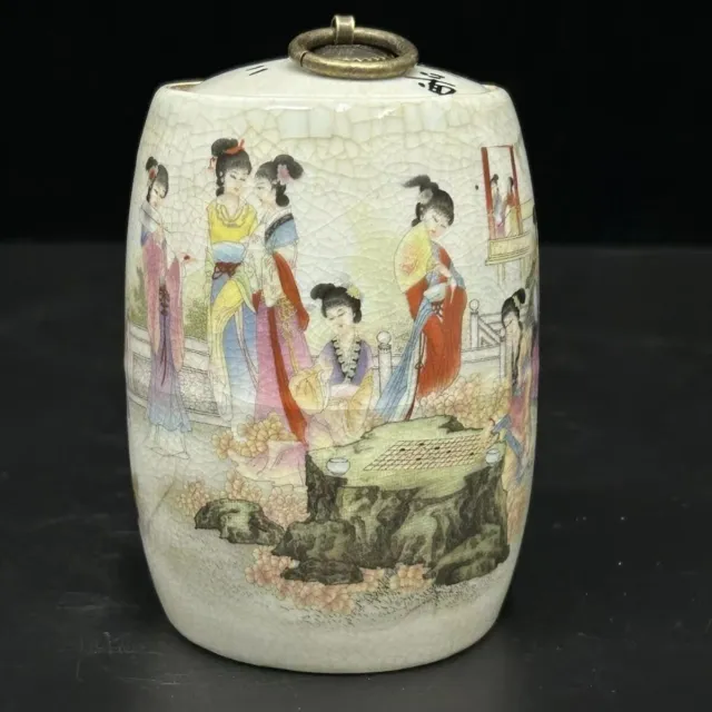 Vintage Chinese Porcelain Pastel 12 Beauty Pattern Tea Caddy Jar