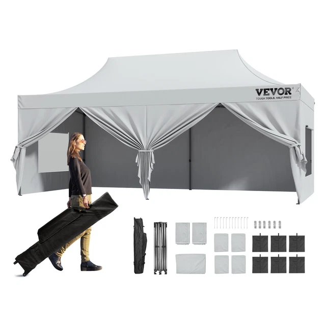 VEVOR Tonnelle De Plage 2,4 X 2,4 M – Abri UPF 50+, Parois Latérales, Hauteur Réglable 2,1-2,4 M, Sacs De Sable, Vert