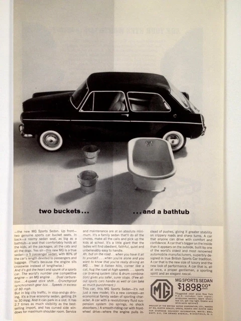 1963 MG Print Ad Two Buckets and a Bathtub