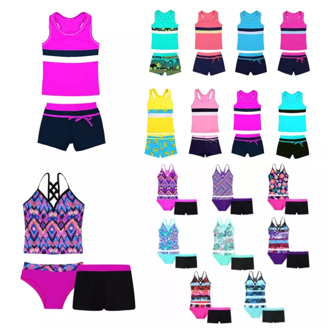 UK Girl Two Piece Tankini Swimsuit Swimwear Racer Back Tank Top with Boyleg Swim