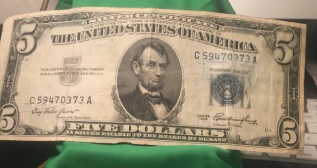 1953 Series Five Dollar Silver Certificate - One Blue Seal Note Well Worn