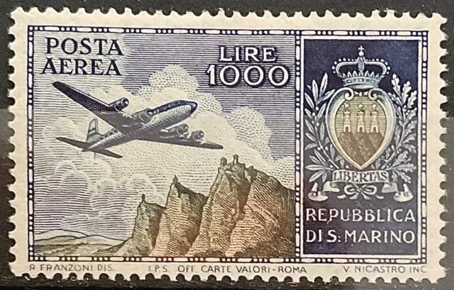 1954 San Marino Airmail View Lire 1000 Blue & Olive mnh