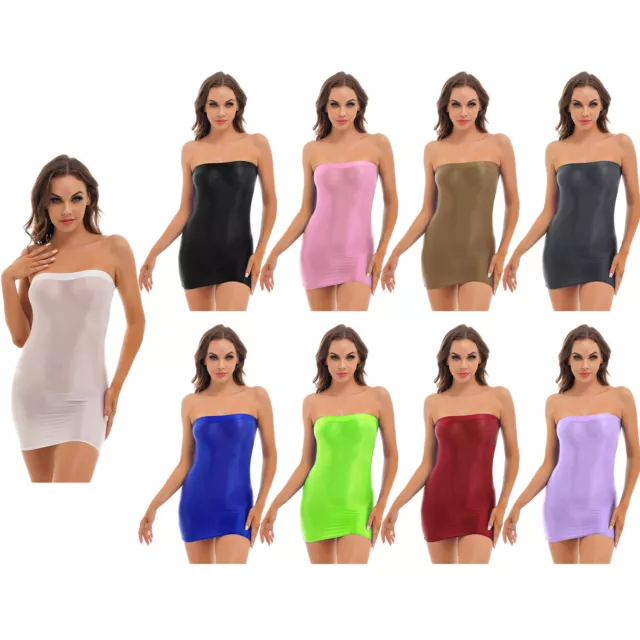 YiZYiF Damen glänzend Schulterfrei Kleider Bodycon Minikleid Kurz Bleistiftkleid