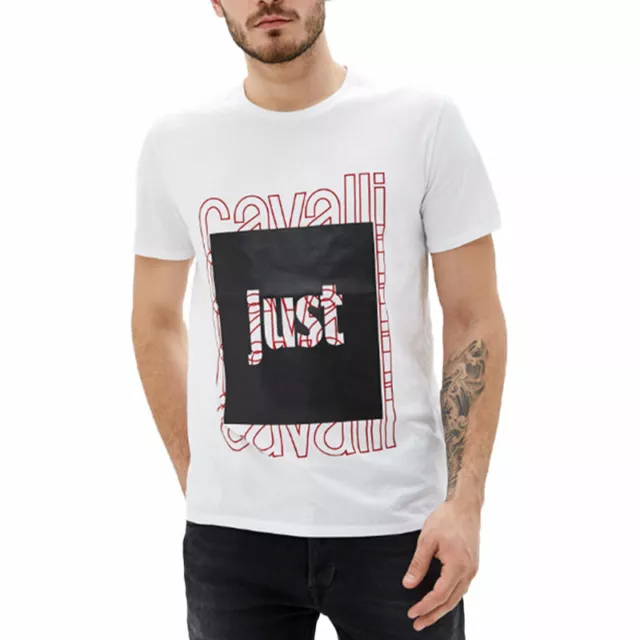 JUST CAVALLI Mens T-Shirt S01GC0513 Print Short Sleeve Tops Cotton White Tee