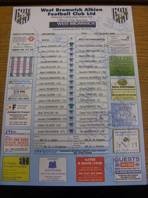 19/08/2000 Autographed Colour Teamsheet: West Bromwich Albion v Bolton Wanderers