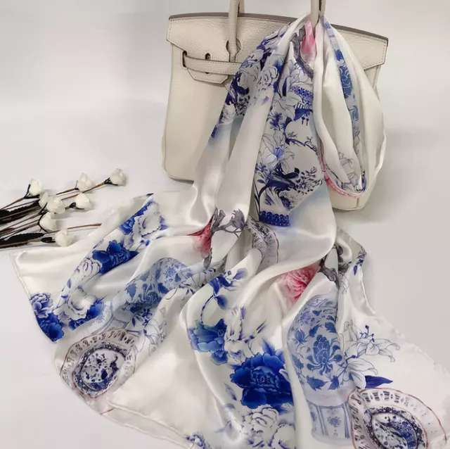100% Silk Scarf Women neckerchief Shawl Wrap floral blue white SJ44-28