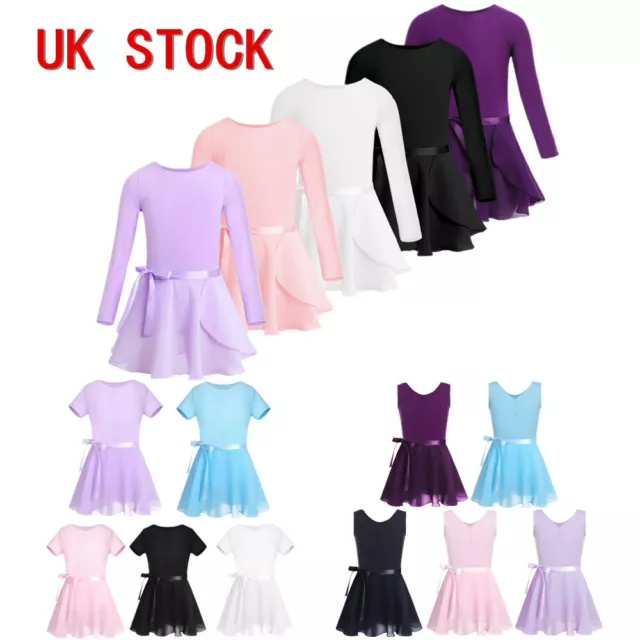 UK Kids Girls Cotton Tutu Skirt Ballet Dance Leotard Romper with Chiffon Dresses