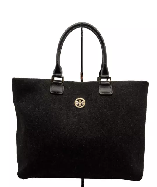 Tory Burch Gray Flannel Handbag Tote Black Leather Handles Large Carryall Bag