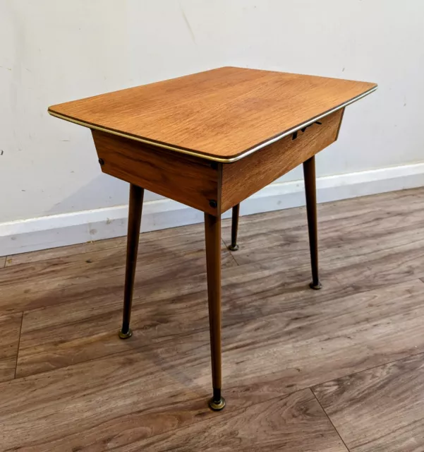 Mid century teak sewing box side coffee table vintage retro dansette legs