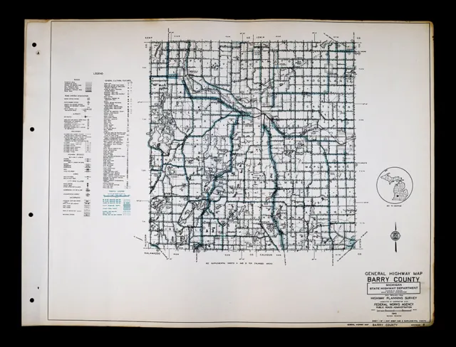 1940 Michigan Highway Map Barry County Hastings Middleville Nashville Woodland