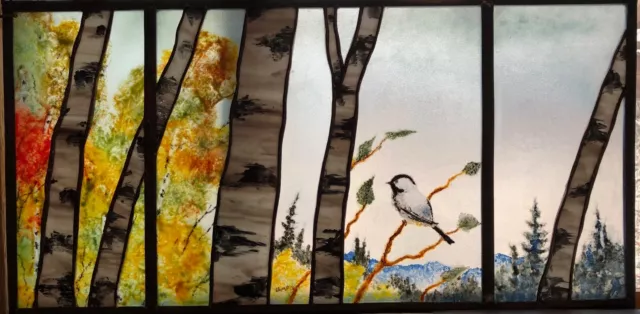 One Of A Kind Custom Stained & Fused Glass Chickadee Birch Nature Scene Hanging