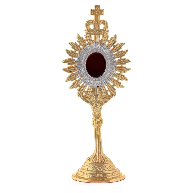 Mini reliquiario ottone dorato h 18 cm corona regale raggiera