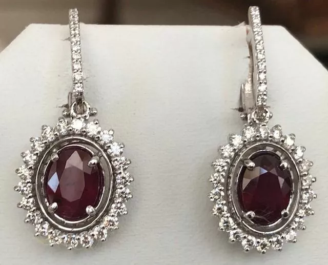 4.30 Tcw Fabulous Ruby & Diamond Drop/Dangle Solid 18K White Gold Earrings