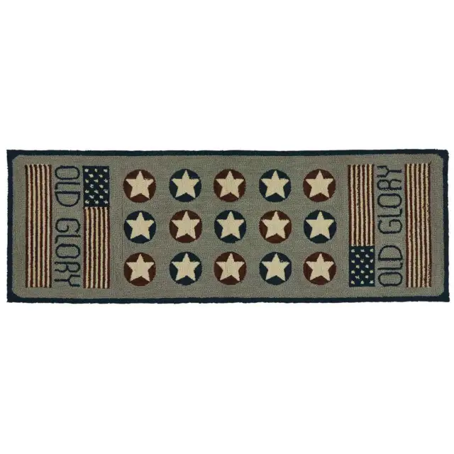 Primitive Old Glory Flag Hooked Rug Runner w/ Stars - 2' X 6'