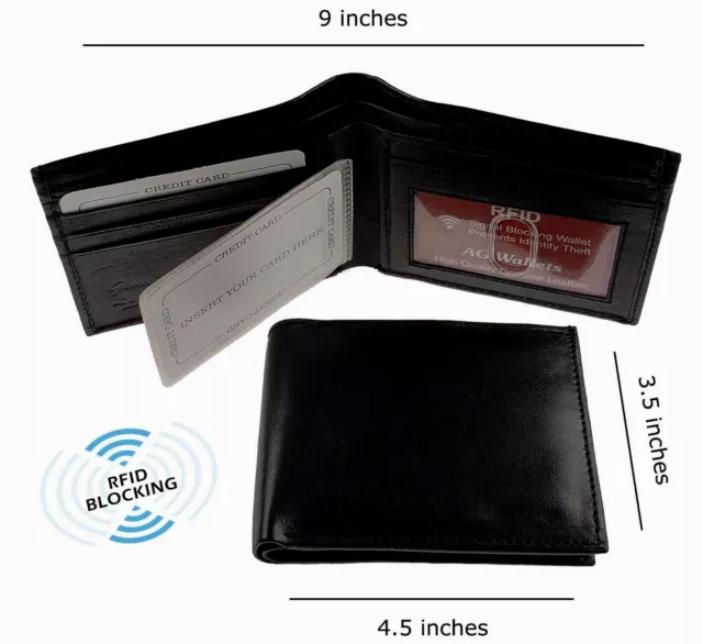AG WALLETS MENS Bifold Leather RFID Blocking Card ID Security Wallet ...
