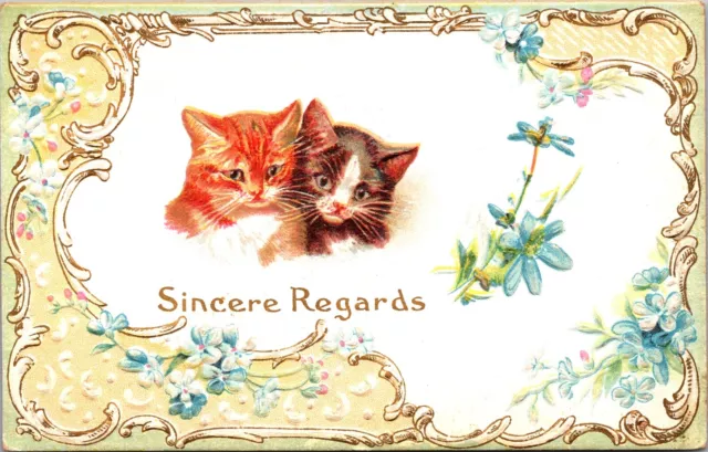 Sincere Regards Postcard Two Cats and Blue Flowers