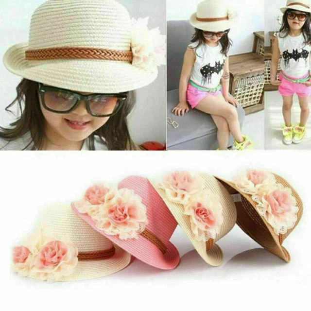 Summer Girls Kids Baby Children Fleurs Décor Straw Beach Sun Wide Brim Hat