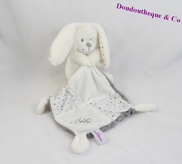 Doudou mouchoir lapin POMMETTE blanc pois brodé bébé (CEMO/CEMO)