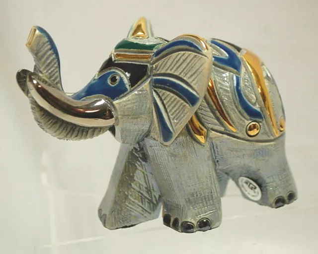 De Rosa Elephant Hand Carved Hand Painted Ceramic Figurine 3 1/2" x 4 1/4" S8786