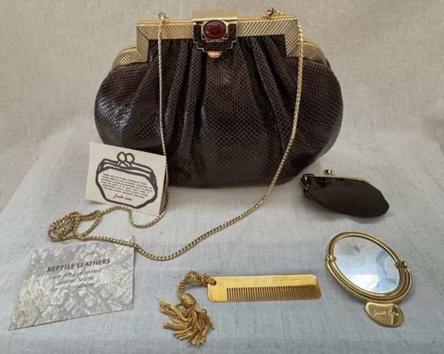 Judith Leiber Brown VTG Auth Karung Lizard Clutch handbag with gold accessories 2