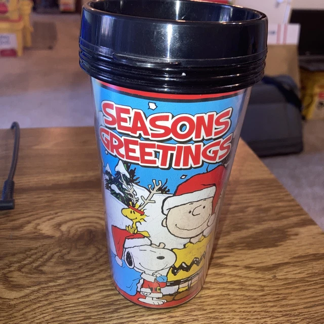 Peanuts Seasons Greetings Travel Cup  w/ Lid charlie brown, snoopy , woodstock