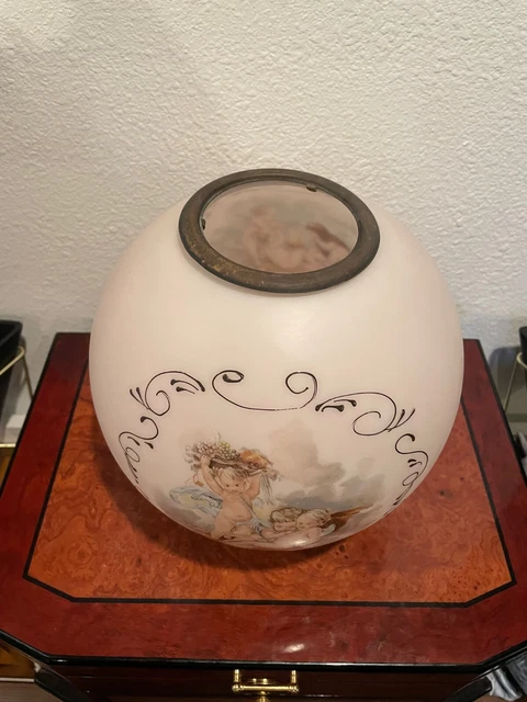 Antique Old Victorian Cherubs Handpainted Satin Glass Globe Lamp Shade Pink 8" + 7