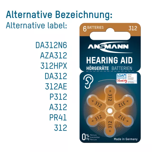 ANSMANN 60x Hörgerätebatterien Braun Typ 312 P312 + 40x Batterien AA Alkaline 3