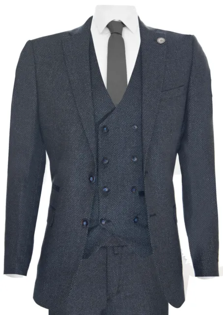 Hommes Bleu Laine 3 Pièce Costume Double Boutonnage Veste Tweed Peaky Blinders