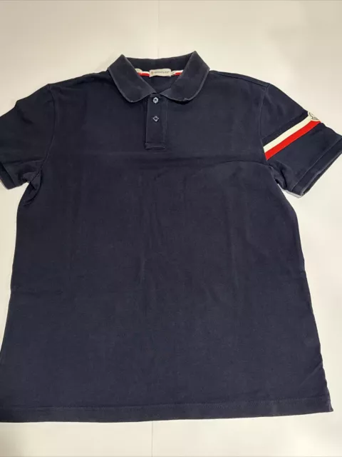 MONCLER Polo Shirt Mens Navy Size Large Embroidered Sleeve Stripe Logo Small Fit