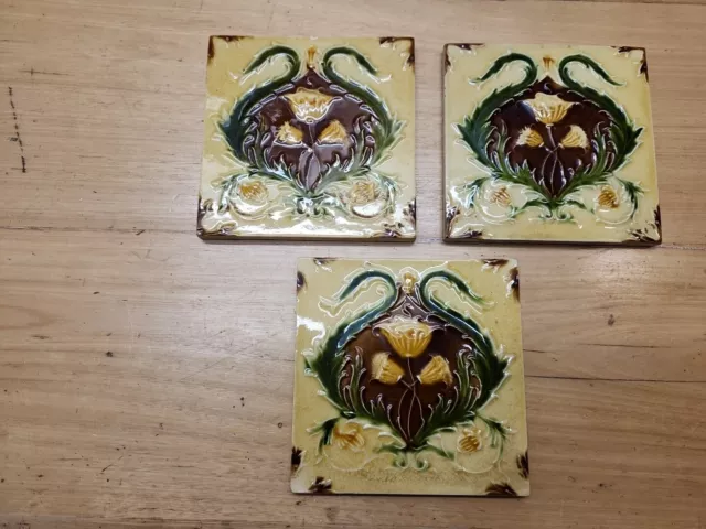 Set of 3 Antique Art Nouveau Majolica tiles