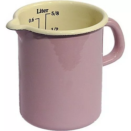 Riess Emaille Küchenmaß 0,6 l rosa Meßbecher Milchtopf hoch 600 ml NEWSTALGIE